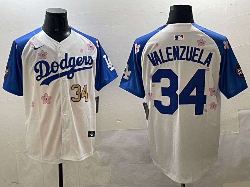 Men Los Angeles Dodgers #34 Valenzuela White Blue Sakura Edition 2025 Nike MLB Jersey style 7